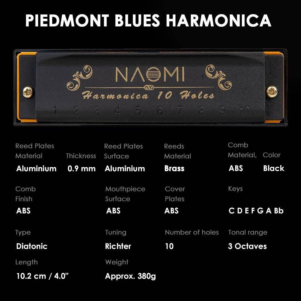 Piedmont Blues Harmonica Harp Set of 7 (G, A, Bb, C, D, E, F Keys) 10 Holes with Zippered Carrying Case