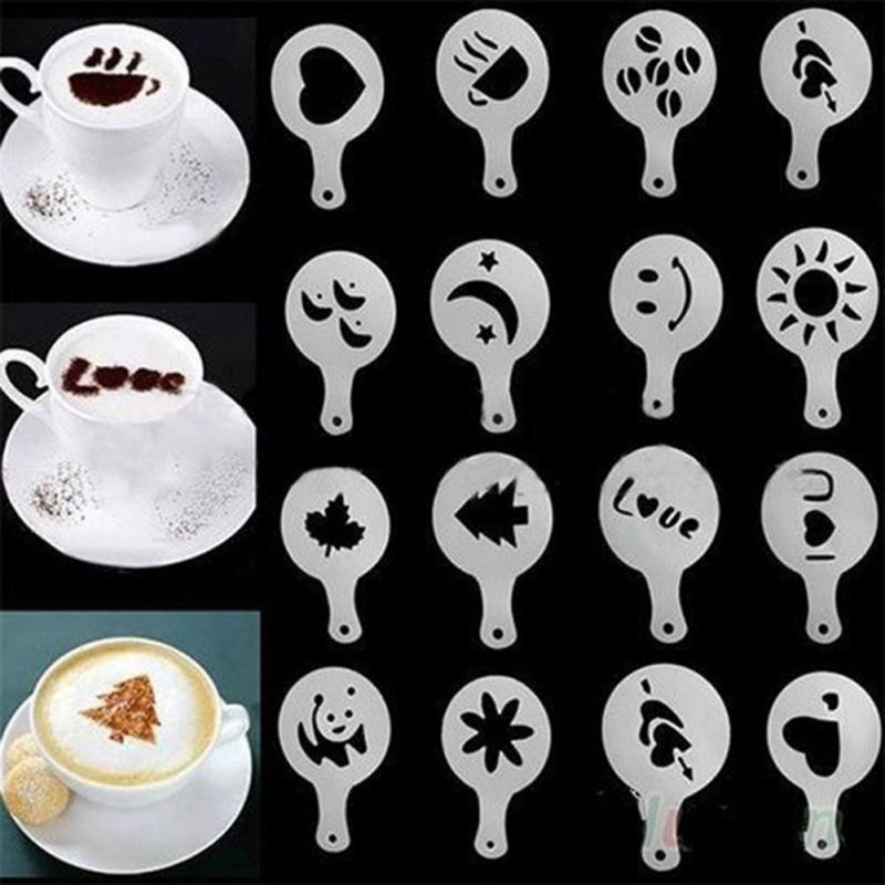 16 Stks/set Koffie Stencils Fancy Koffie Afdrukken Model Suiker Chocolade Cacao Koffie Afdrukken Spray Bloem Model Plastic Pp: Default Title
