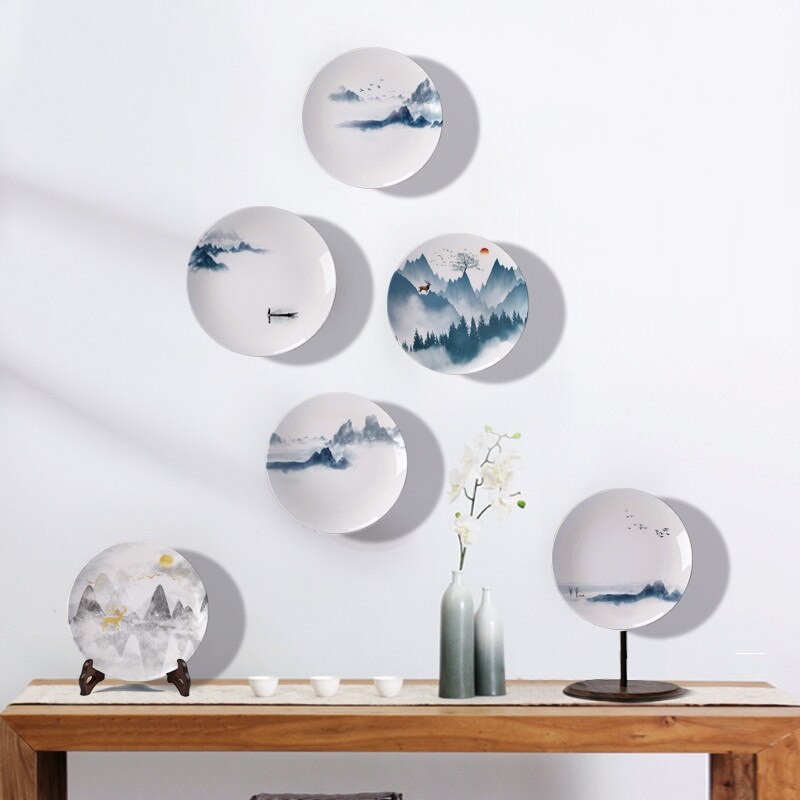 Plato colgante de pared con pintura de paisaje moderno de cerámica, Plato decorativo de porcelana creativa, adornos de decoración de entrada de la casa