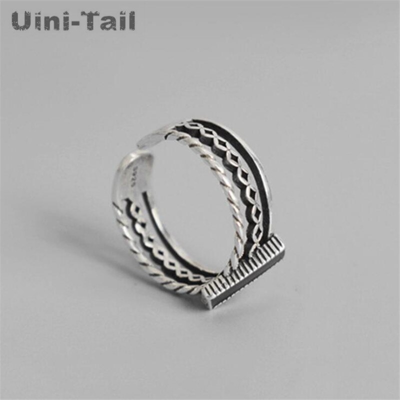 Uini-tail offre spéciale 925 en argent Sterling trois couches torsion anneau ouvert Simple rétro noir époxy rectangulaire bijoux