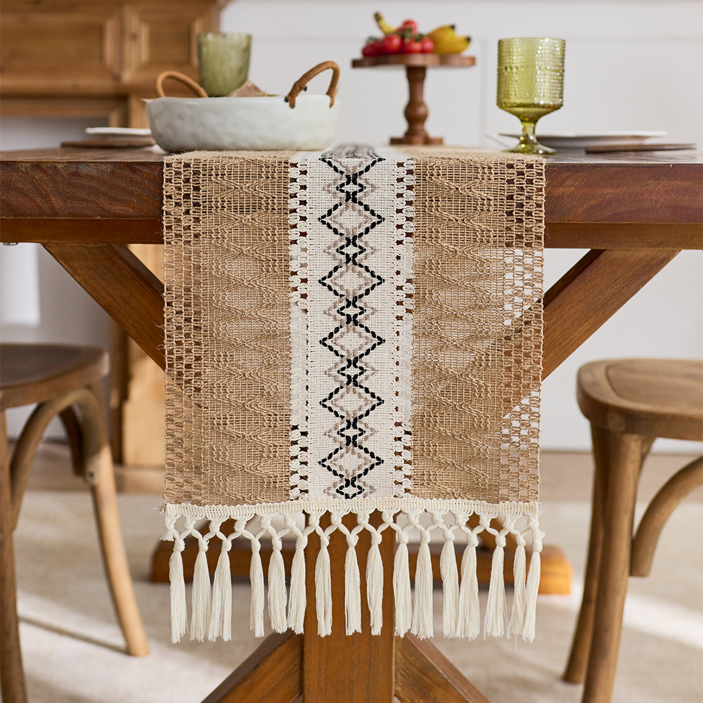 1pc Boho Table Runner for Home Decor with Tassels Long Farmhouse Rustic Brown Macrame Burlap Table Decoration for Living R