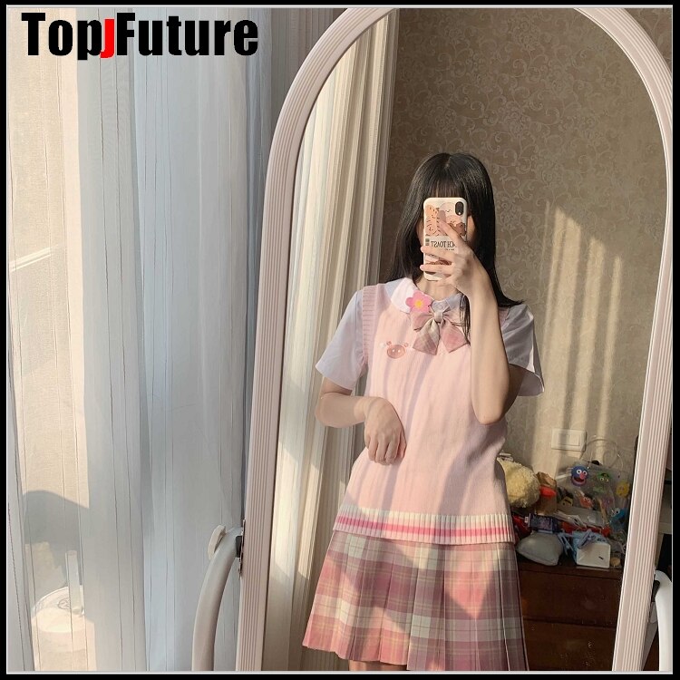 PINK Japanese girl's Knitted Vest cute versatile sweater school Uniform Cardigans PINK BIG NOSE embroidery sweater