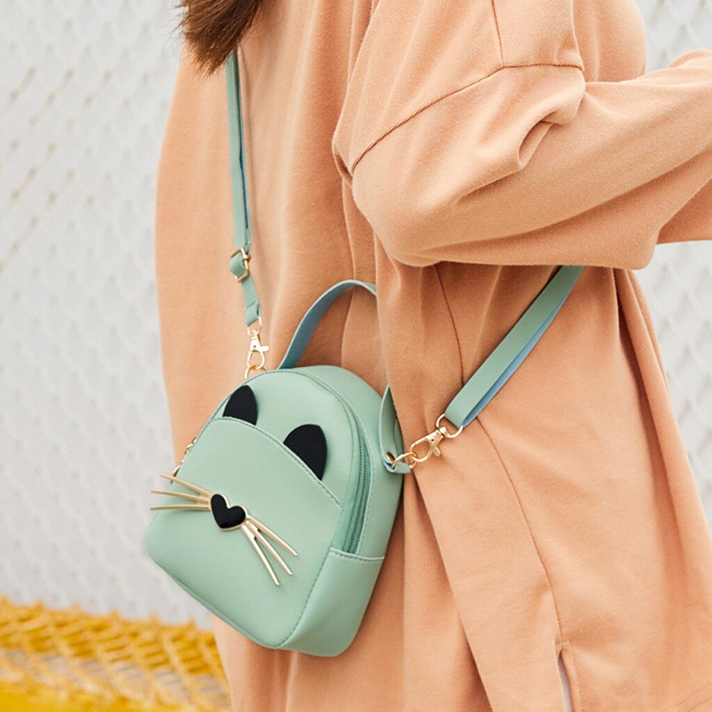 Female Solid Color Leather Backpack Women Multi-function Zipper Shoulder Bag Ladies Cartoon Cats Student Backpacks