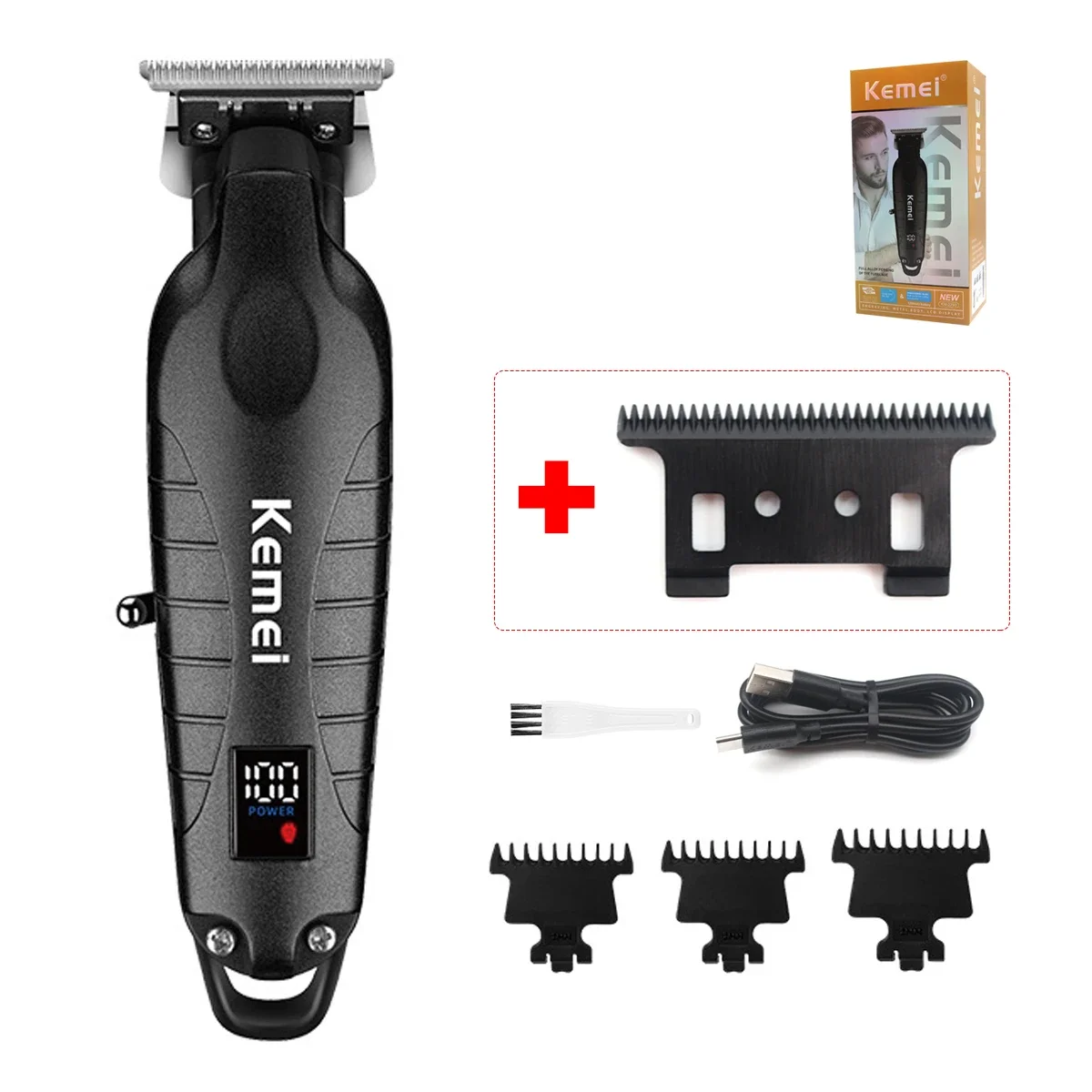 Kemei KM-2293 Full Metal Trimmer for Men Zero Gapped Finishing Machine DLC T-Blade Hair Trimmer Machine LED Haircut: Blue