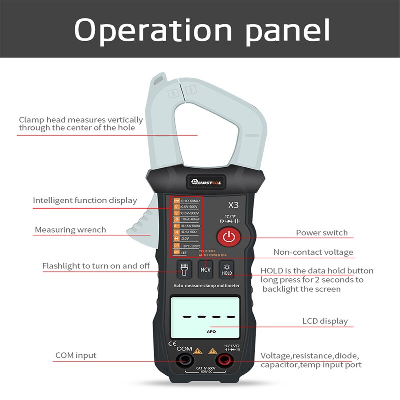 MUSTOOL X3 Fully Intelligent True RMS Clamp Meter 6000 Counts Automatic Identification Digital Multimeter