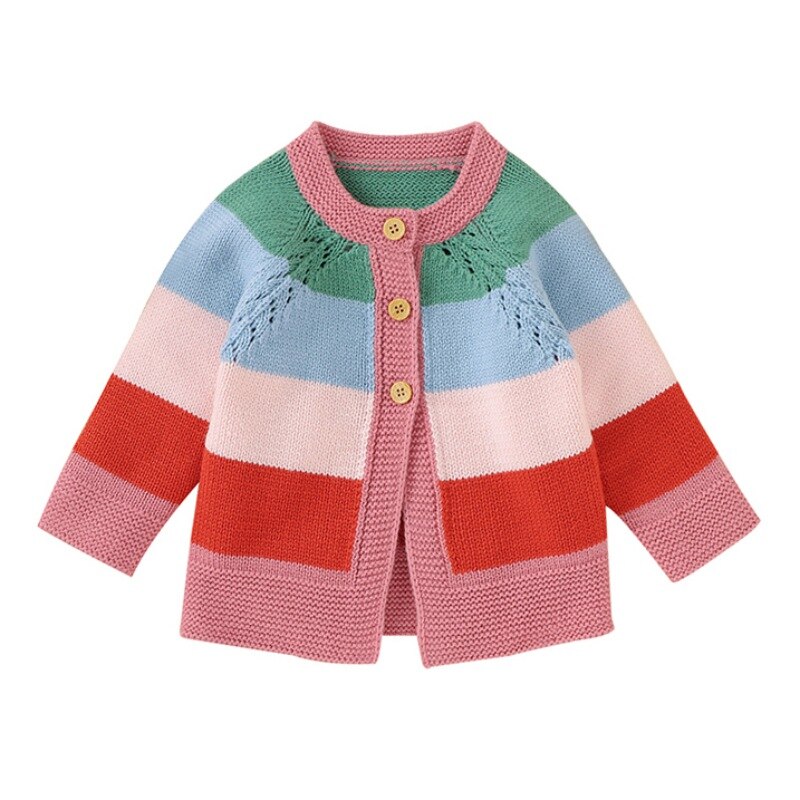 Winter Warm Kids Casual Sweater Baby Girl Rainbow Striped Print Cotton Knitted Outerwear Clothes