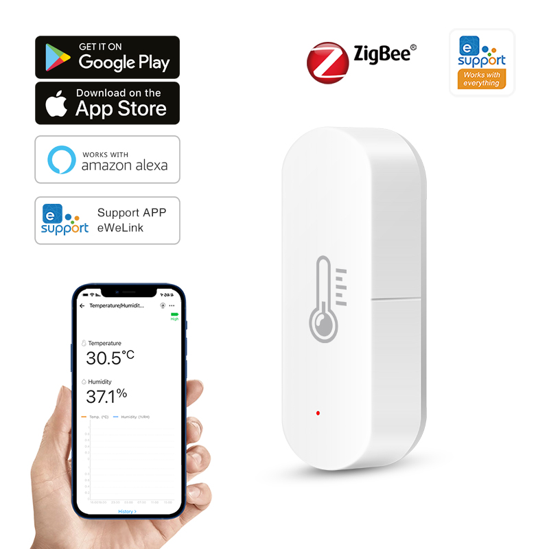 Ewelink ZigBee Sensor inteligente de temperatura y humedad alimentado por batería Control por aplicación termómetro higrómetro controlador para Alexa Google