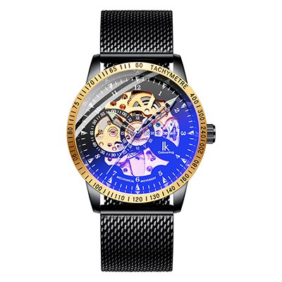 Ik färglägg herrklockor mesh flätat band i rostfritt stål automatisk mekanisk manlig klocka skelett steampunk relogio masculino: E4