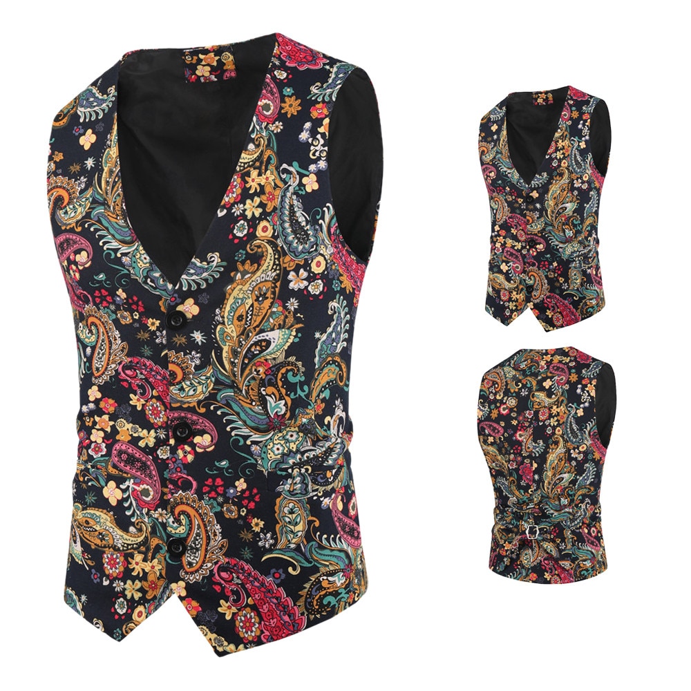 Mænds nationalstil print slim fit herrevest jakkesæt mænd smoking vest til fest bryllupstøj fest bal m -3xl