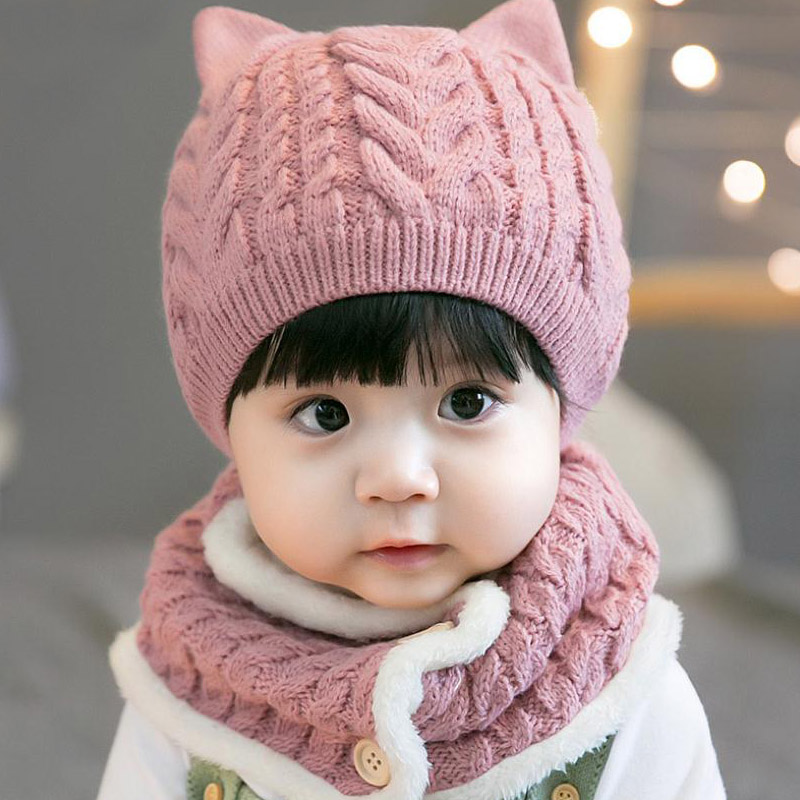Doitbest 6 måneder  to 3 år baby baby beanie hvalp twist uld solid drenge strikkede hatte vinter 2 stk baby pige hat tørklæde sæt: Lyserød