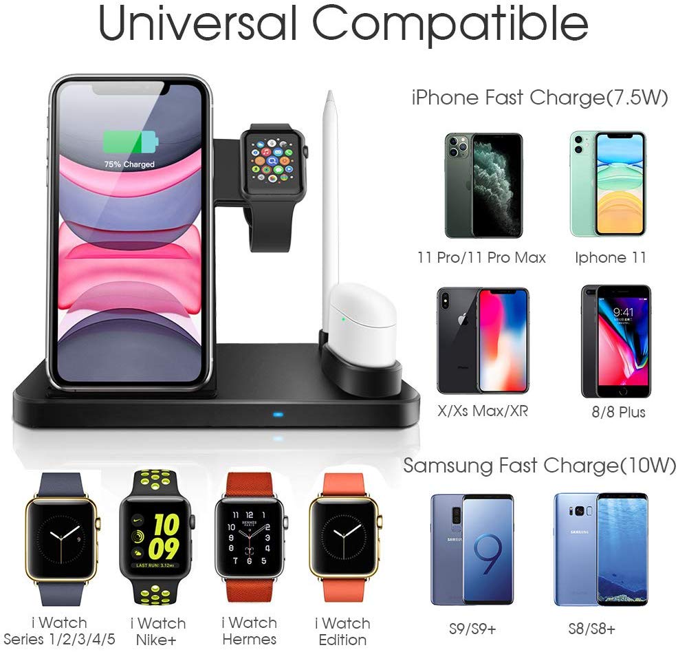 Suporte carregador sem fio 4 em 1 qi, suporte para iphone 11, pro, xs max, xr, x, doca de carregamento rápido para apple watch 5 4 3 2 1 airpods pro