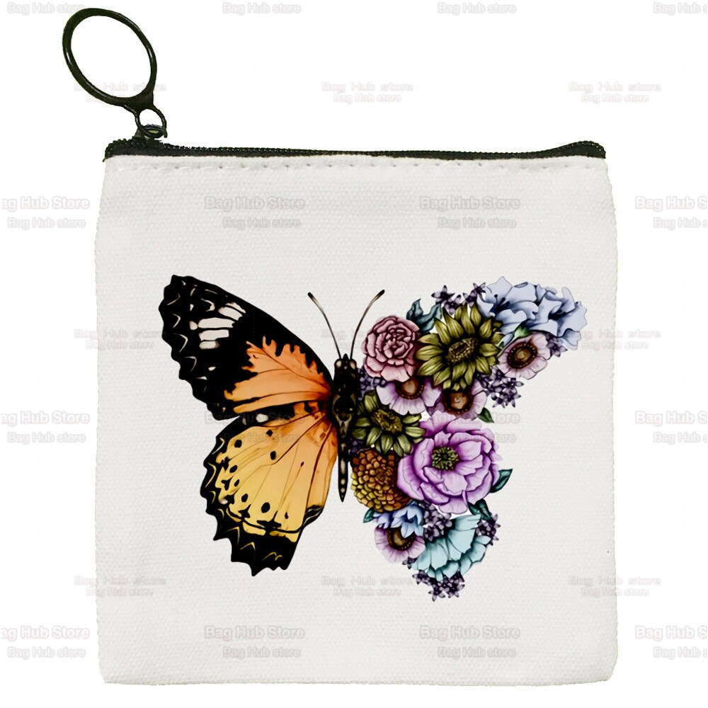Blue Butterfly Color Flying Flower Cartoon Coin Purse Female Mini Canvas Art Cute Key Case Coin Purse Student Wallet: N