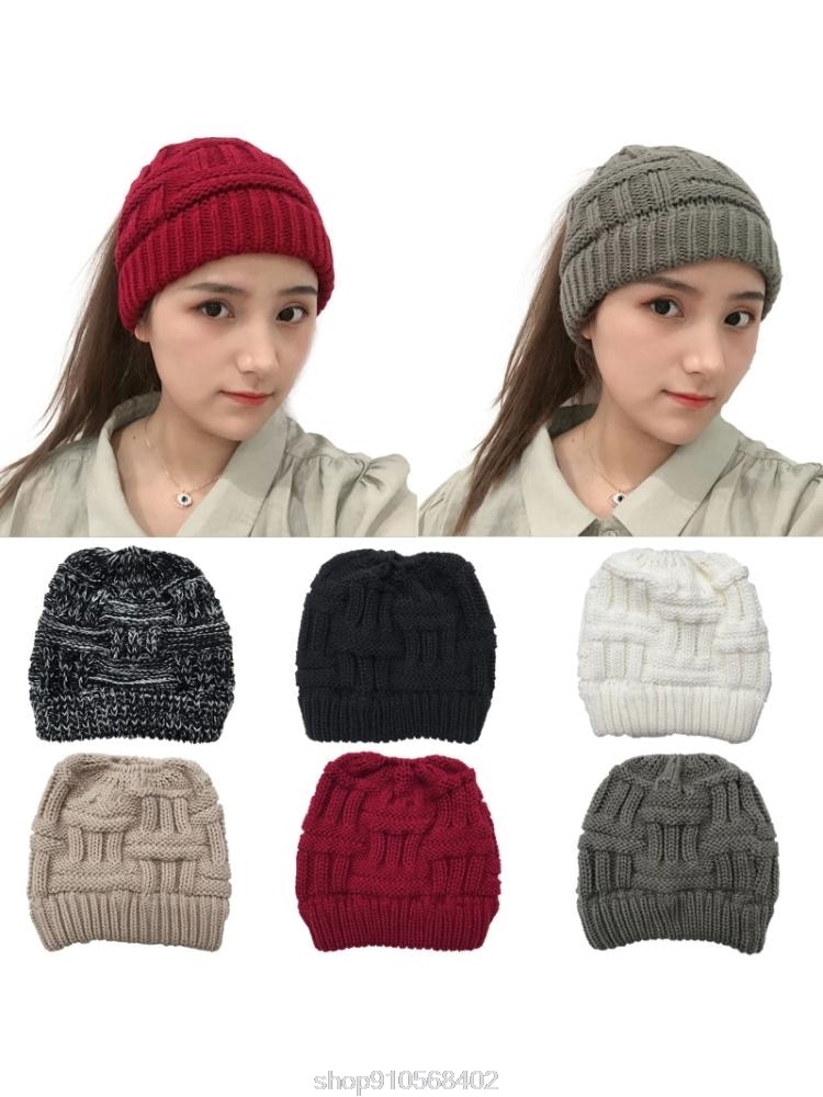 Chunky Plaid Knitted Beanie Hat with Ponytail Hole High Messy Bun Solid Color Stretch Skull Cap Ear Warmer N06 20
