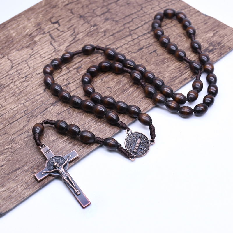 Jesus Houten Gebed Kralen Cross Geweven Touw Katholieke Religieuze Muur Rozenkrans Ketting Sieraden Trui Chain Decor Voor