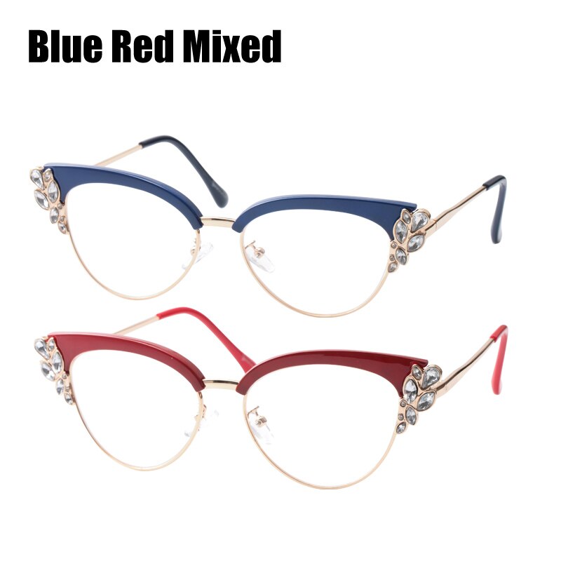 SOOLALA Anti Blue Light Glasses Women Cateye Rhinestone Eyeglass Frames Computer Anti Reflective Blue Light Blocking Glasses: Blue Red Mixed