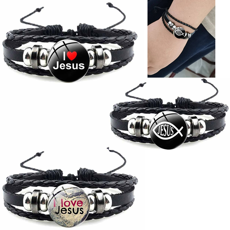 Bracelet avec symbole chrétien de poisson de jésus, bijou en verre fait à la main, Punk, en cuir tissé noir, bijoux manchette pour hommes et femmes