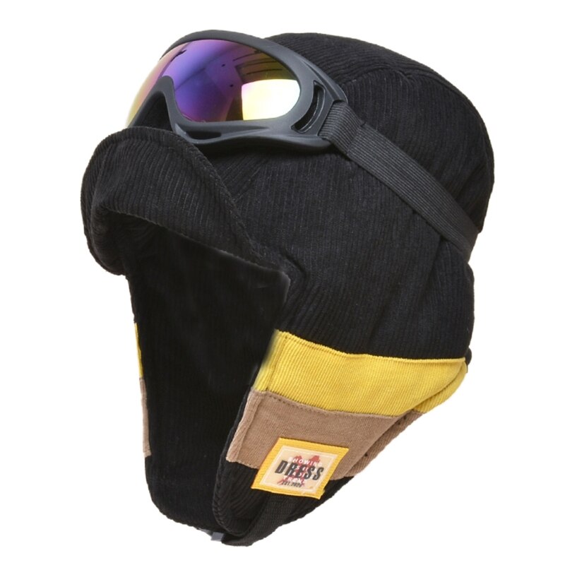 Gorra de cazador de soldado de terciopelo para mujer, gorro Reversible con gafas desmontables, a prueba de viento, a rayas de bloque de color, con orejeras: 1