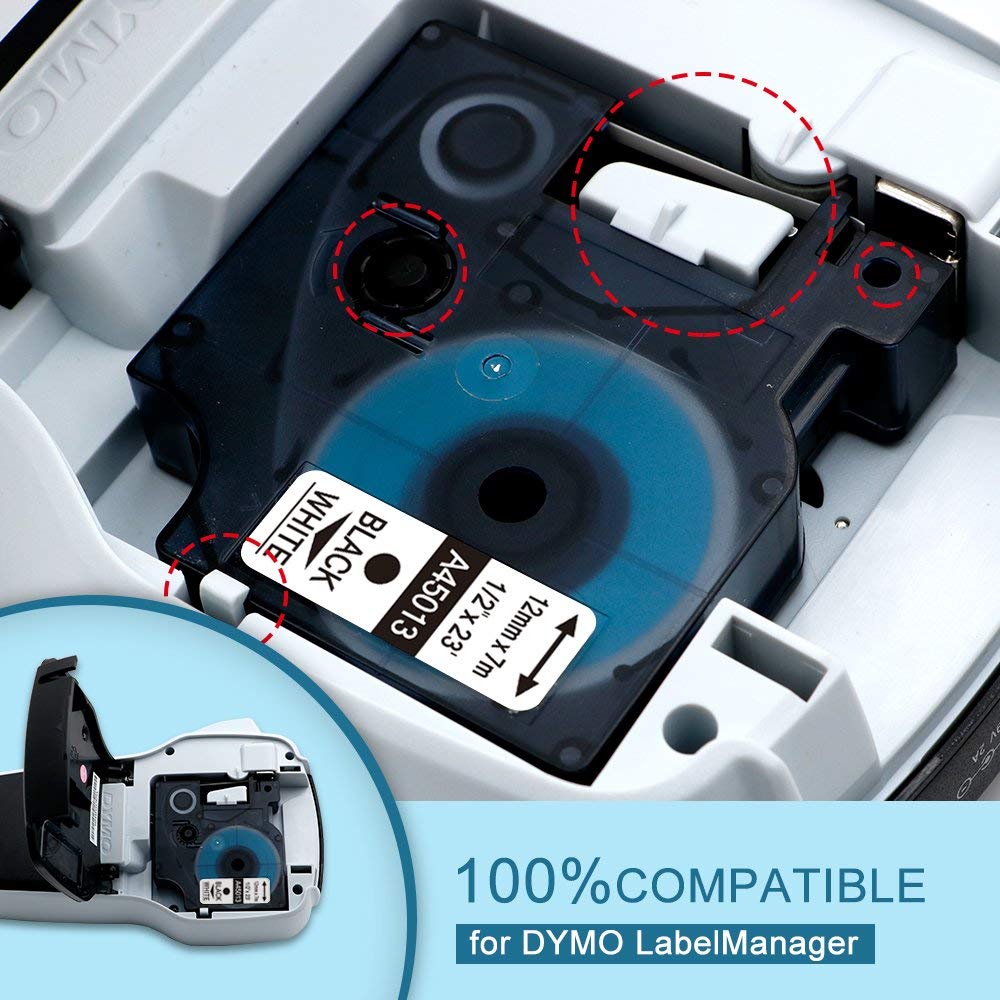 Oozmas 1pcs compatible for Dymo D1 45013 label tape 12mm black on white laminated printer ribbon for Label Manager printer maker