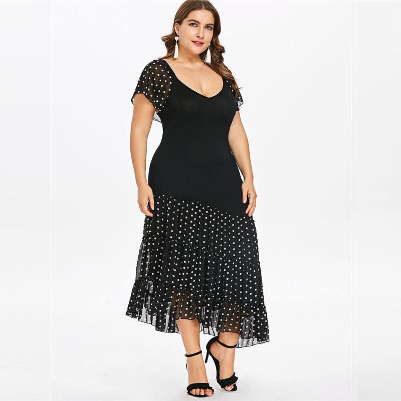 Women Summer Dress Plus Size Black V Neck Short Sleeve Polka Dot Print Patchwork Long Dress Maxi Boho Beach Dresses