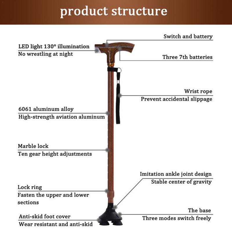 Bâton lumineux rétractable multifonction, bâton en bois léger d&#39;extérieur sûr, fournitures antidérapantes pour personnes âgées pour Camping randonnée