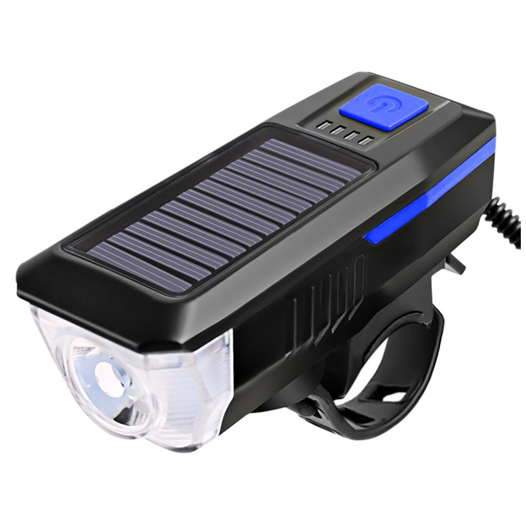 Outdoor Solar Power USB LED Bike Bicycle Front Light Rechargeable Headlight With Horn: Blue