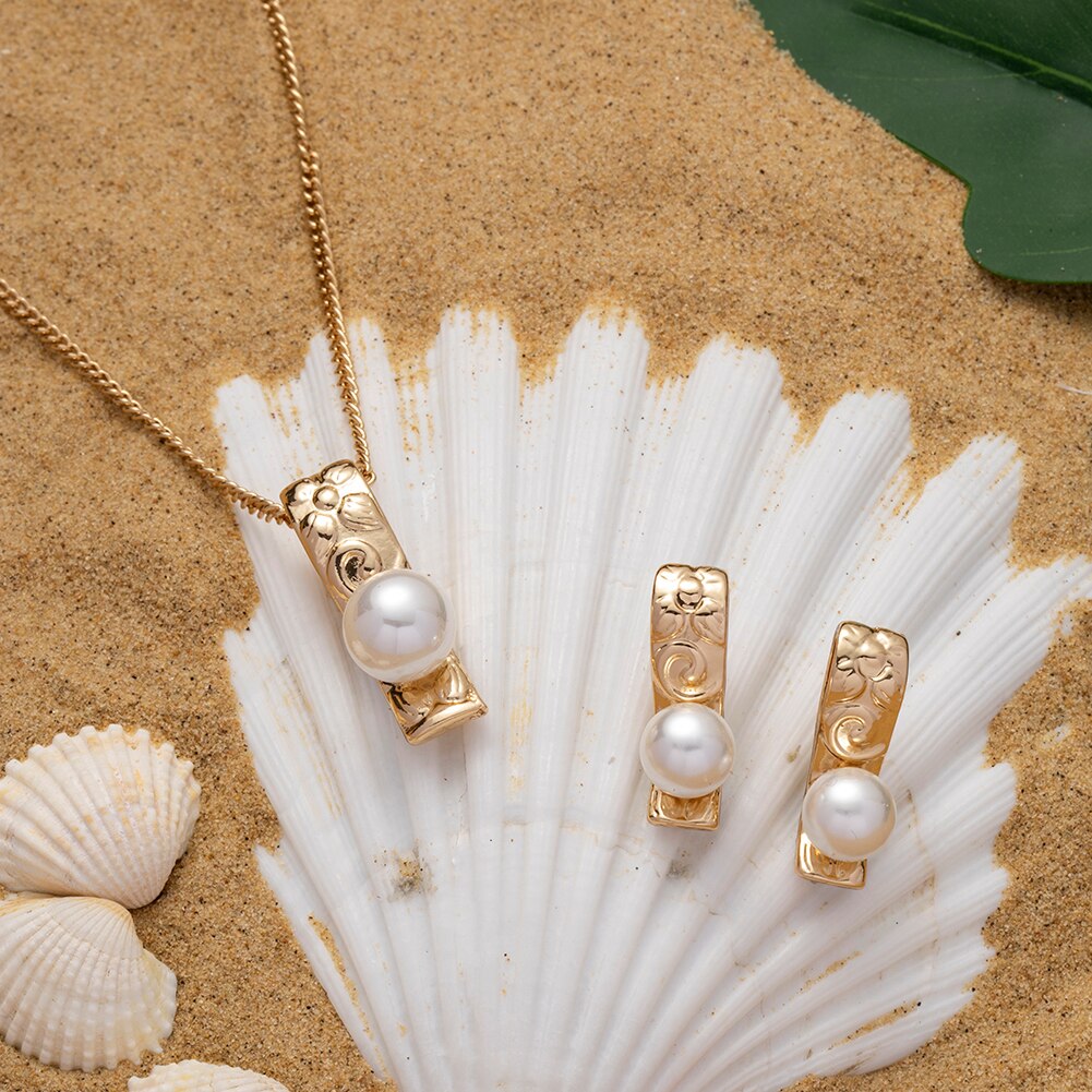 SophiaXuan Hawaiian Jewelry Set Pink Pearl Necklace Polynesian Necklace Samoa Gold Plated Earrings Set for Women