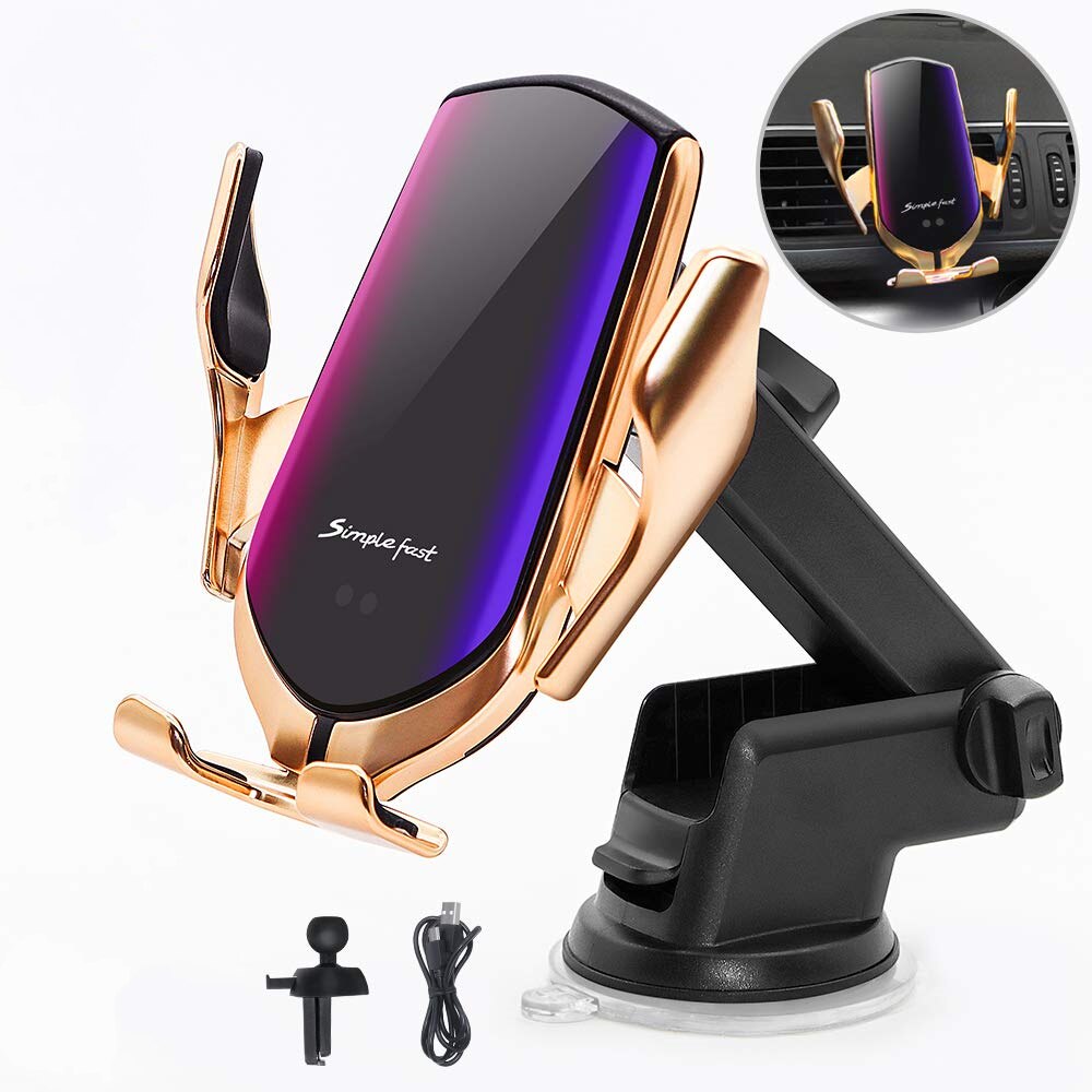 15W Wireless Car Charger Mount - Infrared Induction QI Fast Charging Station for iPhone 12 11 XS X 8: 10W 2 In 1 Gold