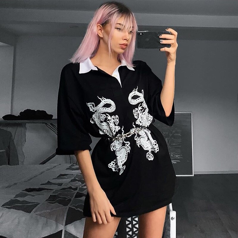 Kiinalainen lohikäärme paita musta harajuku pitkät t-paidat teini-ikäisille japanilaiset katuvaatteet naiset kiinalaiset top-goottivaatteet nainen 10214