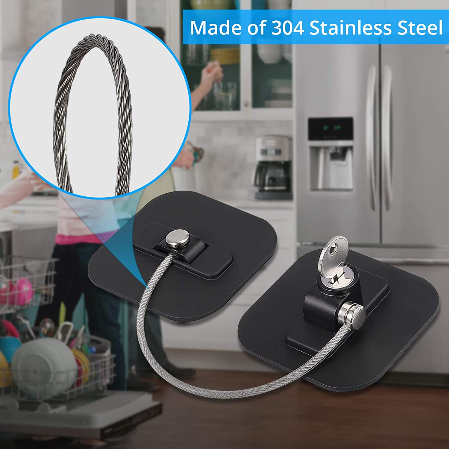 Refrigerator Door Lock with Key Adhesive Freezer Door Latch Cable Restrictor for Child Safety Used on Refrigerators Freezer 1pcs