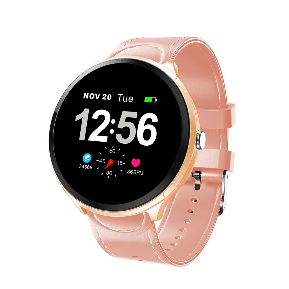 V12 volledig touchscreen smartwatch bloeddrukmeter zuurstof hartslagmeter fitnessarmband waterdichte smartwatch vs  v11: Roze leer