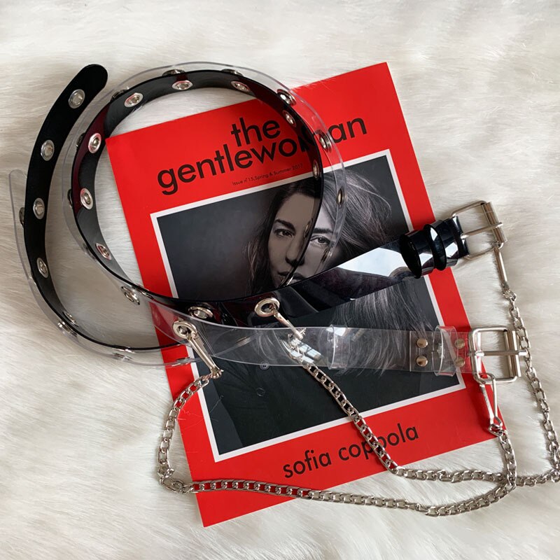 Punk pvc dam bälten silver fyrkantigt spänne med kedja genomskinlig midjerem jeans byxor casual svart dam kvinnlig midjeband