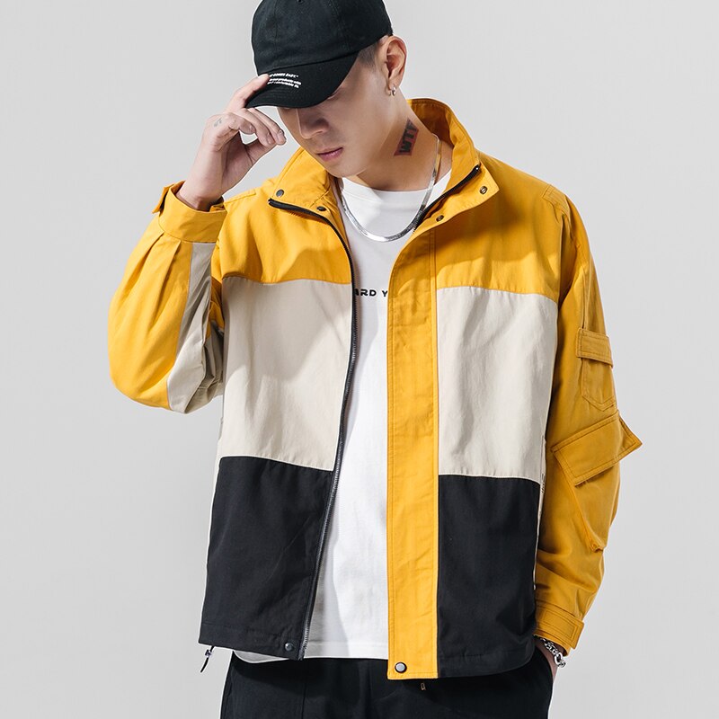 Singleroad herenkleding jas heren paars patchwork windjack hiphop japanse streetwear koreaanse stijl jassen voor heren: Gele jas mannen / Aziatisch -2xl( eur l)