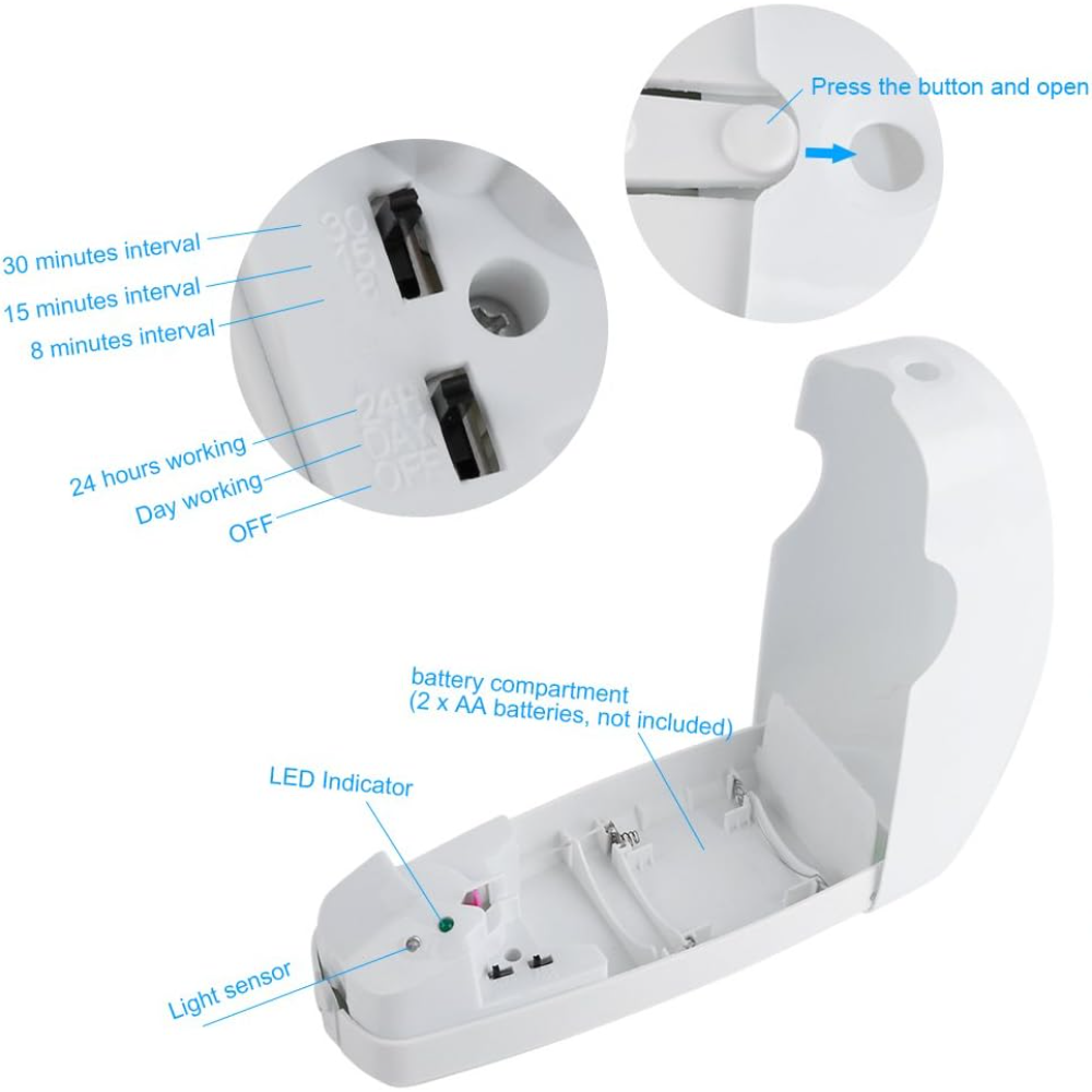 Ambientador automático, ambientador ajustable automático montado en la pared, dispensador de aerosol de fragancia con Sensor de luz para