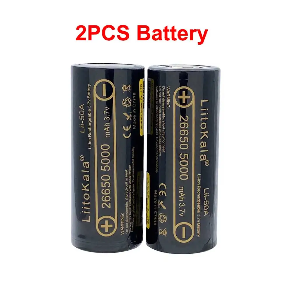 Høy kapasitet liitokala 26650 5000 mah 3.7v li-ion oppladbart batteri 26650-50a batteri til lommelykt 20a pakking: 2 stk 5000 mah