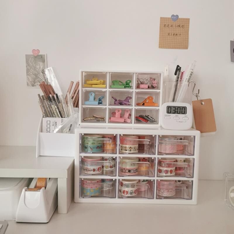 Ph.D Kawaii White/Pink 9 Grid ABS Drawer Desktop Organizer Desk Storage Box Free Sticker School Stationery Accessories