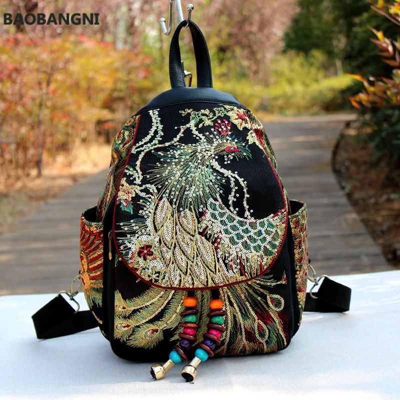 Retro Phoenix Geborduurde Rugzak Pailletten Canvas Tribal Etnische Geborduurde Bloemen Rugzakken Nationale Vrouwen Back Pack Bag