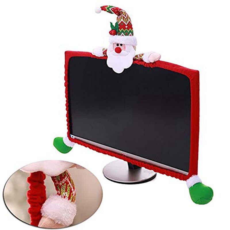 2 Pcs Christmas Computer Monitor Cover Cute Claus Decoration for Home Office , Elk & Santa
