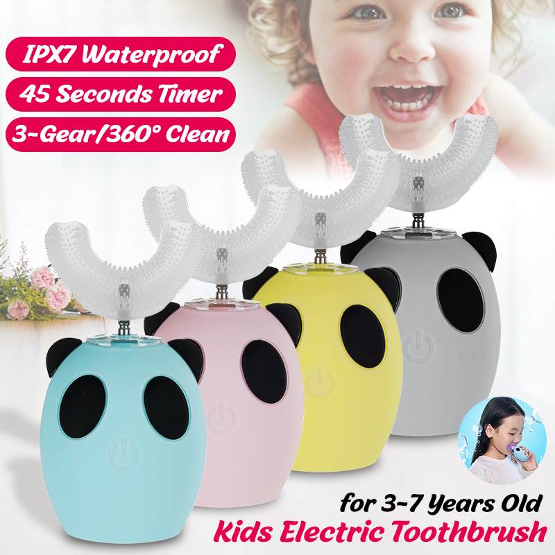 Brosse à dents électrique en forme de U pour enfants de 3 à 7 ans, avec 360 °, automatique, 3 vitesses, blanchiment, nettoyage, ultrasonique