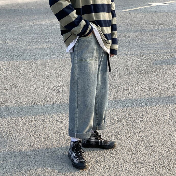 Rechte losse cropped jeans heren koreaanse streetwear heren cropped broek casual denim broek blauwe baggy hiphop jeans