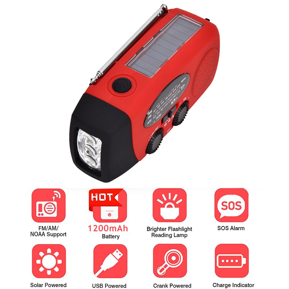 Multifunctional Hand radio Solar Crank Dynamo Powered AM/FM/NOAA Weather Radio Use Emergency LED Flashlight Power Bank solar: 1200mah C
