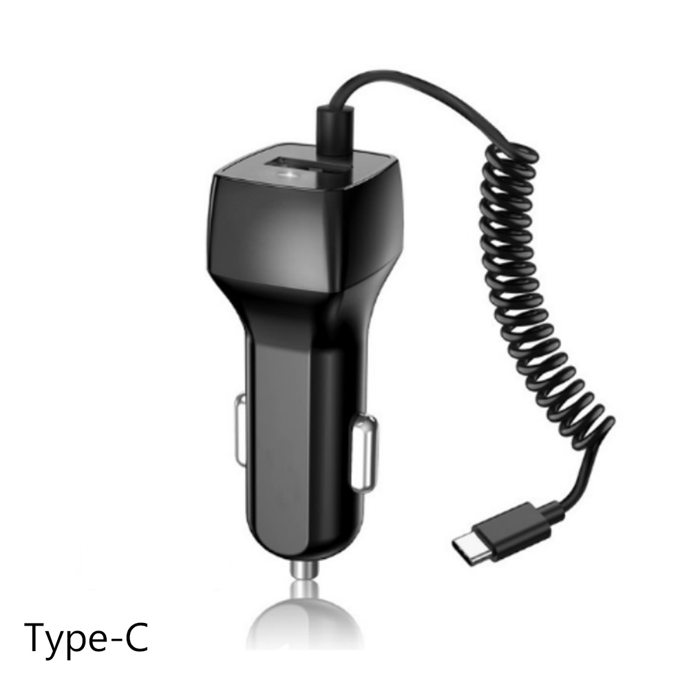 3.1a/15w micro-usb-typ-c-autoladegerät-adapter mit spiralkabel und usb-a-anschluss für samsung-, huawei-, xiaomi-, iphone- und ipad-ladegeräte: Typ-c schwarz