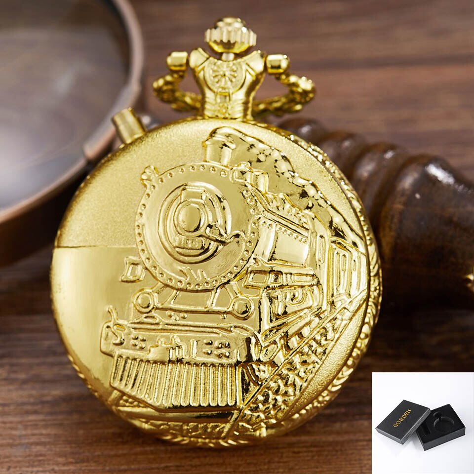 Vintage led urtavla kvarts fickur snidad ångtåg steampunk järnvägsgravyr retro kedja halsband hängande klocka: Guld med låda