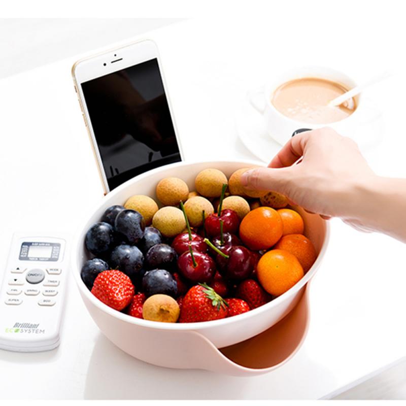 Double-layer Fruit Tray Plastic Drain Basket Multifunctional Dried Fruit Dish Storage Garbage Rack Snacks Round Style