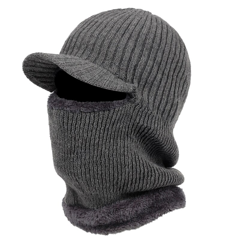 Men Winter Knitted Balaclava Beanie Hat with Windproof Visor Thermal Plush Lining Neck Warmer Cycling Ski Mask Hood Cap: Gray