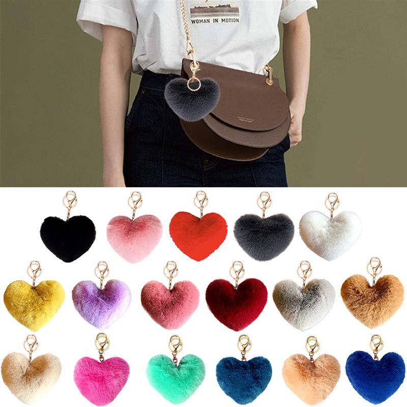 2020 New Lovely Heart Keychains Women's Pom Poms Faux Rex Rabbit Fur Ball Key Chains Girl Bag Hang Car Key Ring Pendant