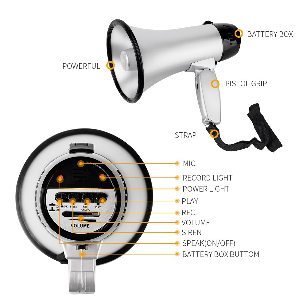 Bærbar hånd 25 watt bullhorn megafon med sirene lithium batteri højttaler optagelse horn tour guide højttalere