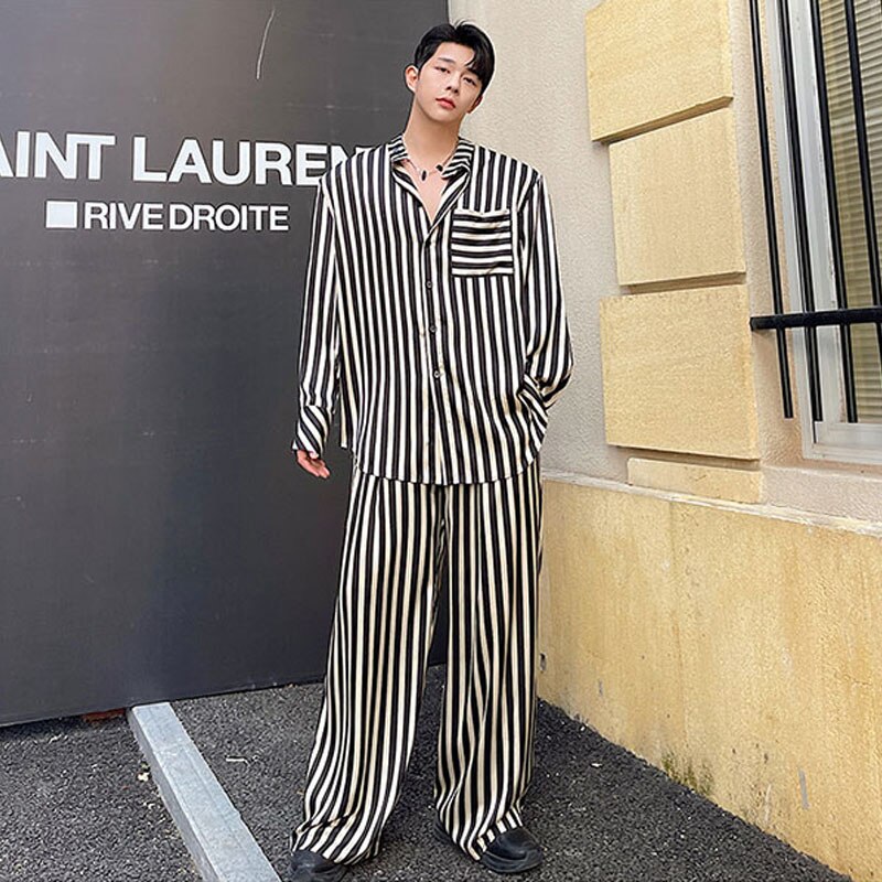 Conjuntos de ropa a rayas de estilo satinado para hombre, camisa informal holgada de manga larga, pantalones, ropa de calle Vintage, camisas de vestir para , pantalón