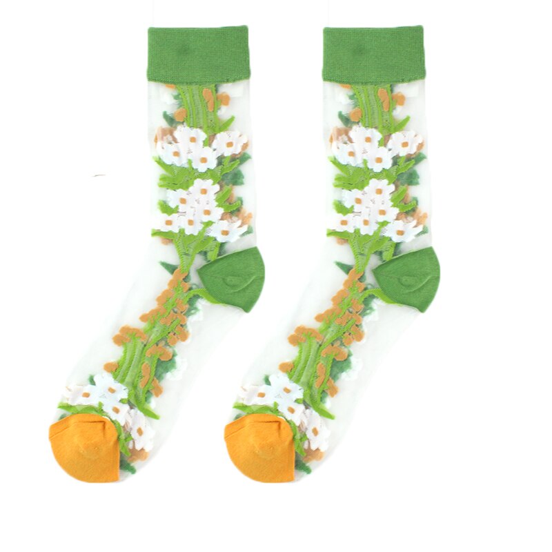 Calcetines divertidos de pájaro Floral de seda de cristal con Hipster francés para mujer, ropa de calle transparente, Calcetines divertidos artísticos de Jacquard Sokken