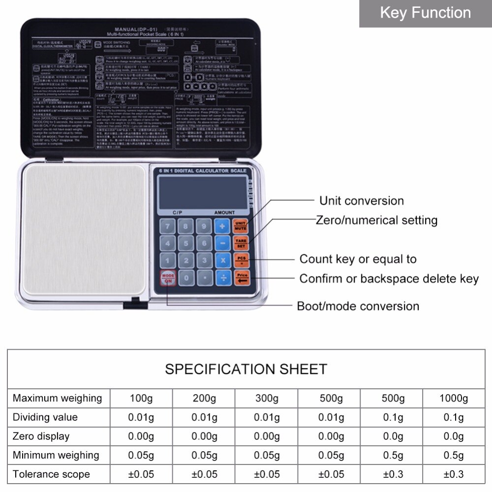 Yieryi 6 in 1 multifunksjons digital vekt elektronisk 100g/200g/300g/500g/1000g vektbalanse med håndflatekalkulator