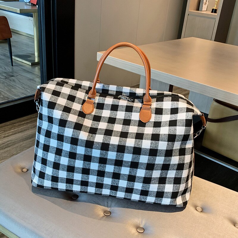 Borsa da viaggio a quadri da donna borsa da Fitness sportiva di grande capacità borsa da viaggio femminile borsa da palestra in tela borsa da Yoga bolso Canvas 2021: Black